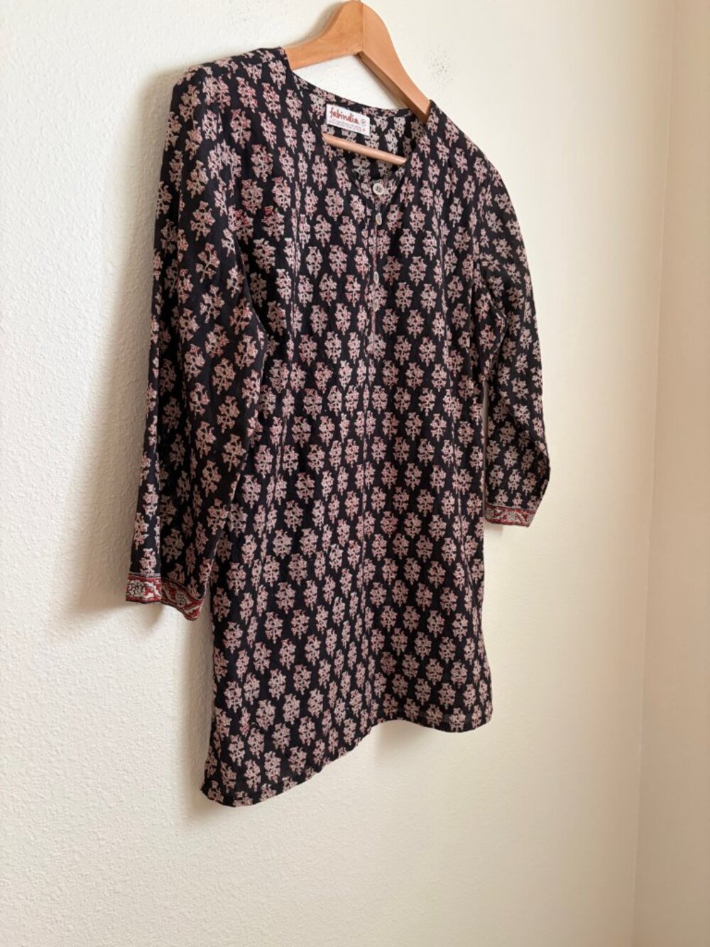 Fabindia Black Printed Cotton Kurti Tunic Top – Women’s Medium – Boho Henley 3/4 - Picture 3 of 13